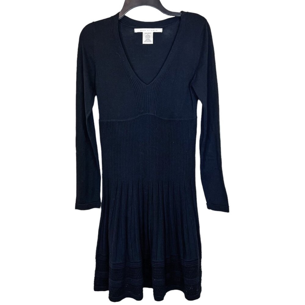 Max Studio Sweater Dress S Black Textured Long Sleeve Pleated Mini Size Small